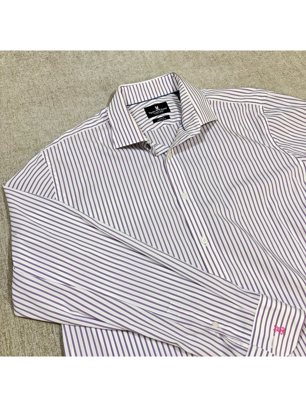 Psycho Bunny Dress Shirt Mens 17 34/35 Modern Fit Stretch Non Iron Purple Stripe